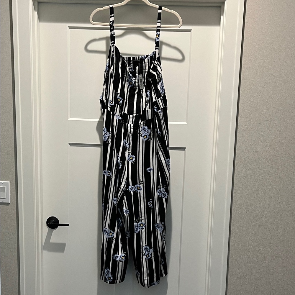 NEW Torrid Black and White Jumpsuit with Blue Floral Design